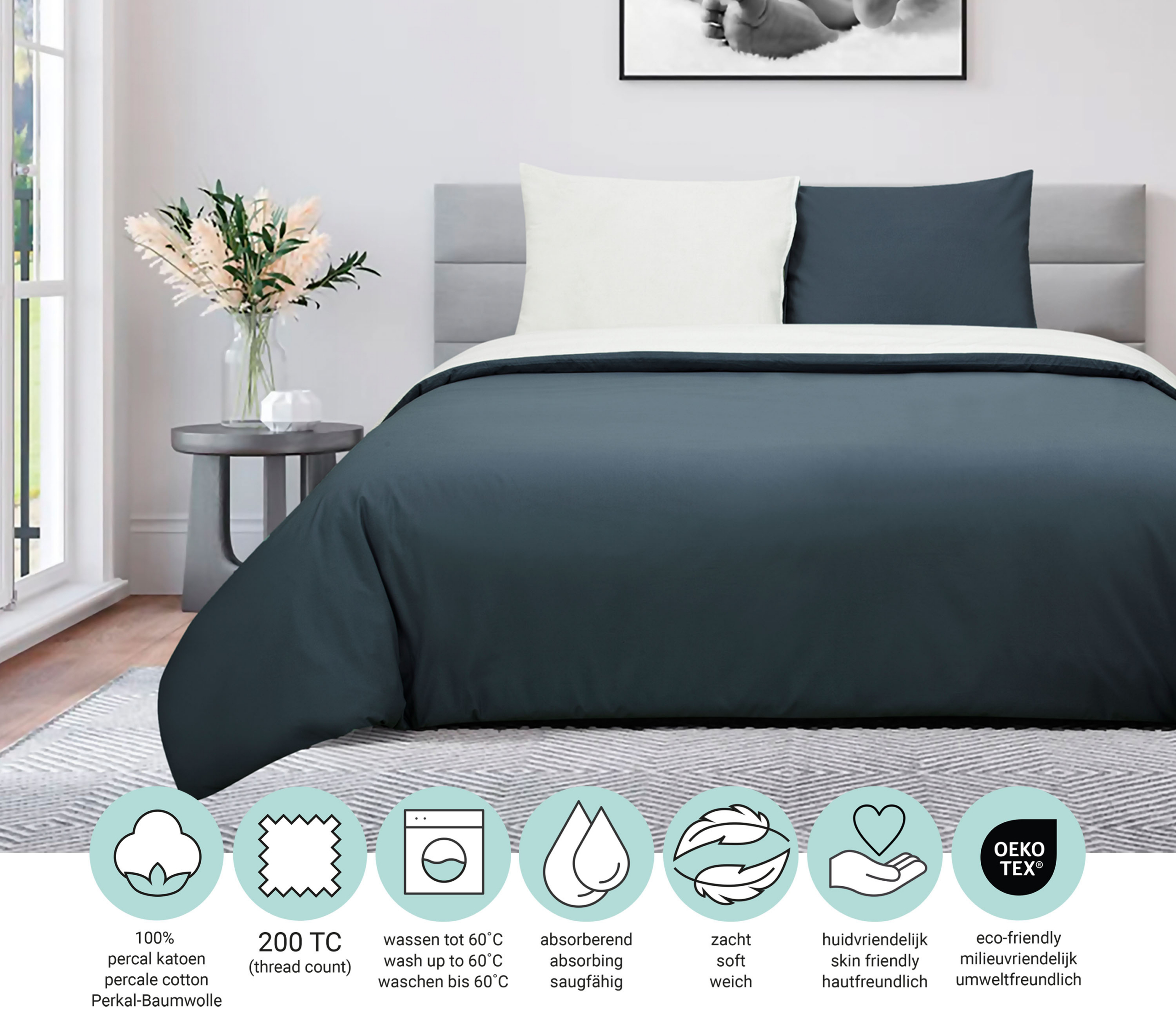 DoubleDry Dekbedovertrek 100% Percal Katoen - Eenpersoons 140x200/220 cm + 1 Kussensloop - Zacht, Ademend en Huidvriendelijk - Jeans/Wit - Afbeelding 4
