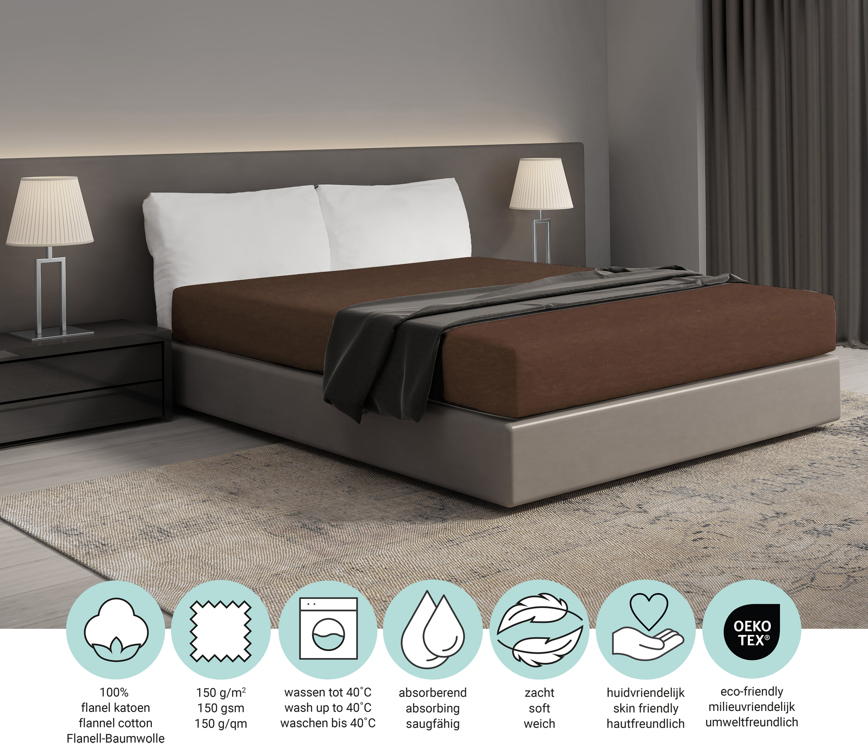 Hoeslaken flanel - 100% katoen - 90x200 - bruin - Afbeelding 5