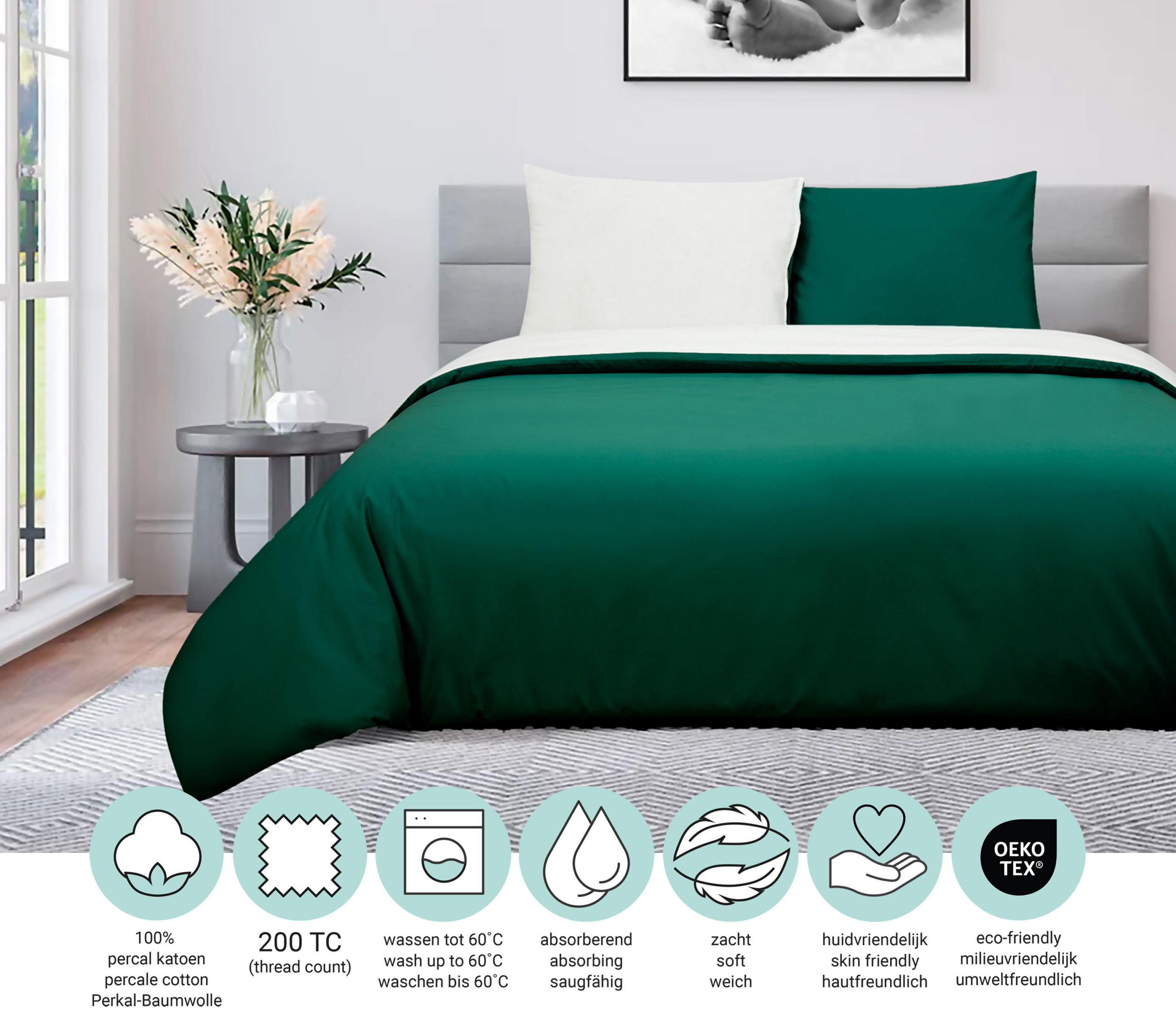 Dekbedovertrek Percal – 100% percal katoen – 140×200/220 – groen/wit - Afbeelding 4